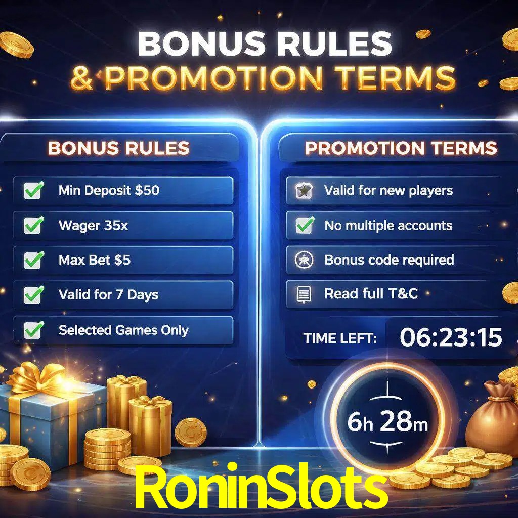 Reglas de promoción RoninSlots y condiciones de bonos explicadas visualmente