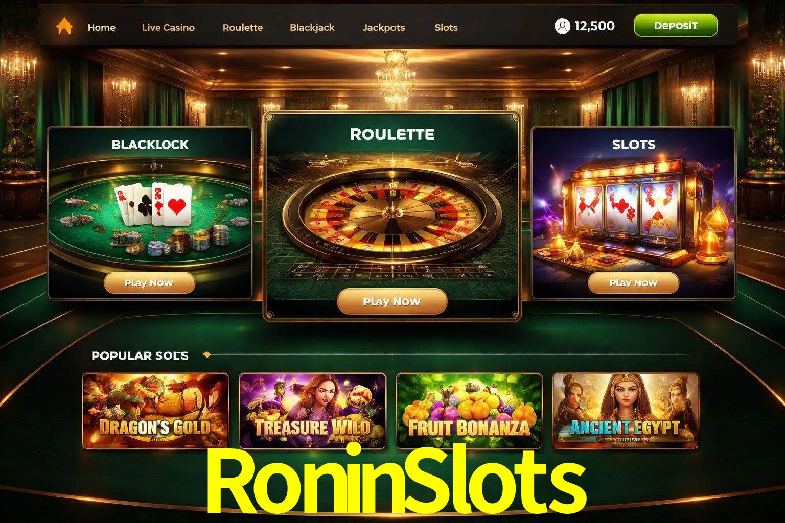 Vista de la plataforma RoninSlots Casino mostrando categorías organizadas de juegos en línea