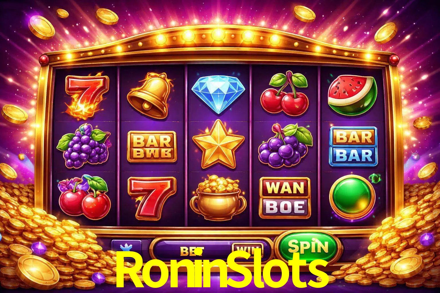 Una interfaz colorida de tragamonedas en línea con símbolos brillantes, monedas y un efecto de victoria celebratoria en RoninSlots.