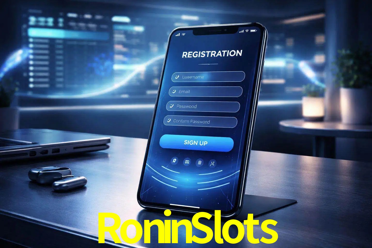 Una interfaz moderna de registro móvil para RoninSlots mostrada en un smartphone con un panel de apuestas elegante.